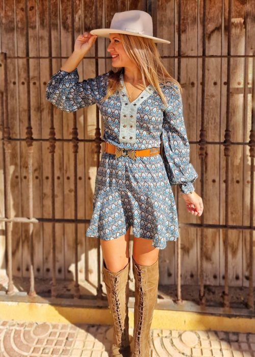 Vestido corto Nali manga larga estampado con bordado