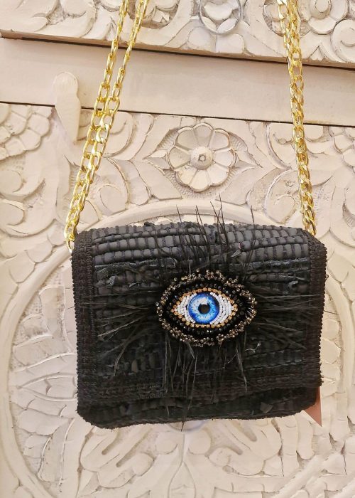 Bolso mini clutch ojo plumas negro