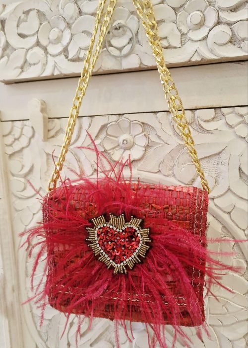 Bolso mini clutch ojo plumas rojo
