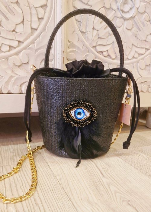 Bolso bucket negro ojo plumas