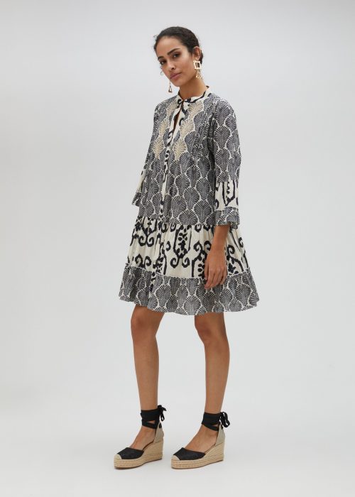 Vestido corto manga 3/4 estampado combinado Negro-Blanco Lola Casademunt