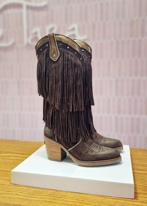 Botas Piel flecos Chocolate y oro