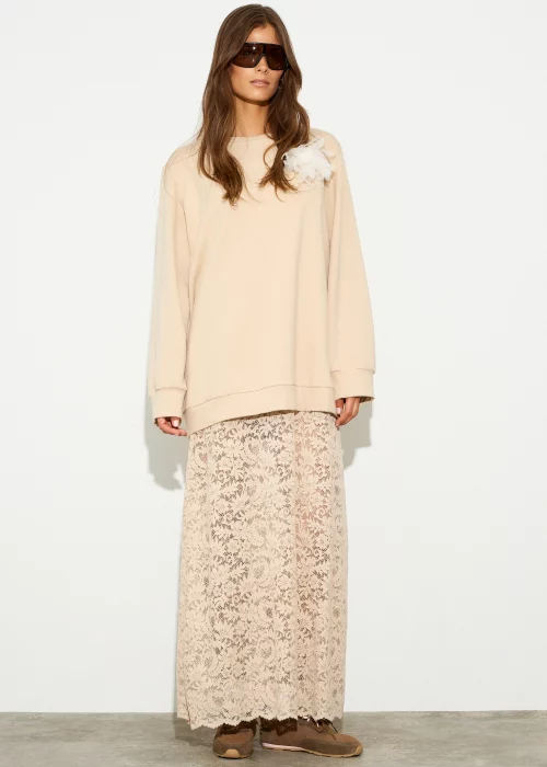 Vestido maxi sudadera con falda encaje Beige