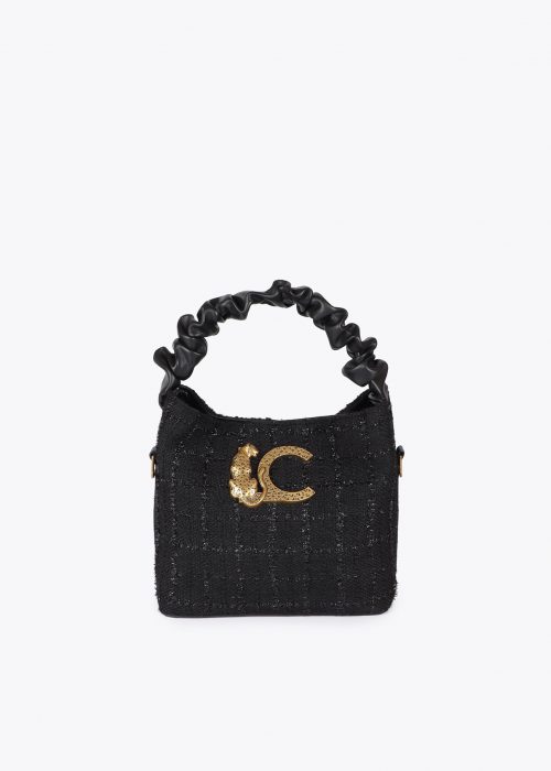 Bolso negro pequeño tweed asa fruncida y logo LC Lola Casademunt