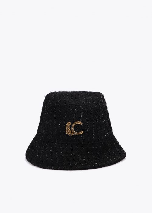 Sombrero negro bucket tweed logo LC Leopardo Lola Casademunt