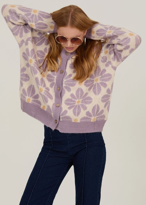 Cardigan de flores retro lila y crema