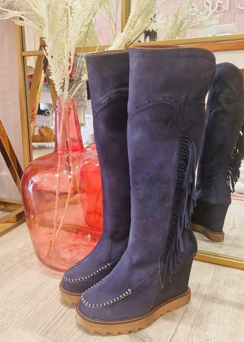 Botas piel cuña flecos Azul