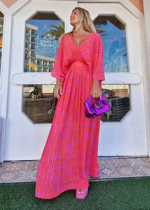 vestido largo plisaso naranja rosa lola casademunt imagen frontal