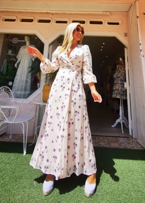 vestido crema largo flores moradas maggie sweet frontal