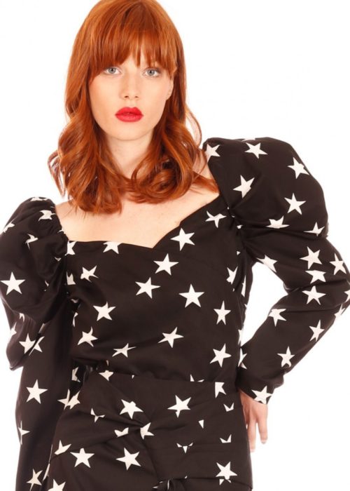 top manga larga mangas abullonadas negro estrellas blancas minueto star top imagen frontal