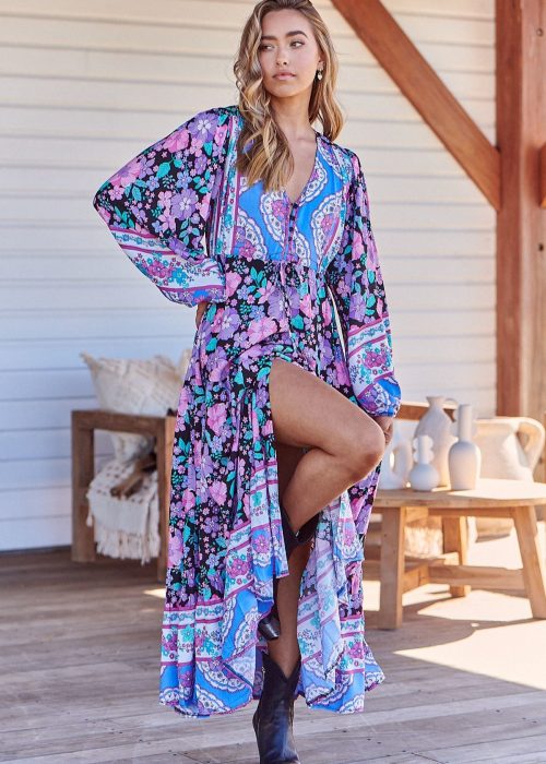 vestido largo azul morado negro jaase frontal