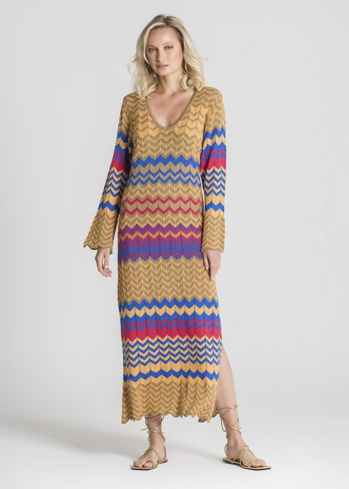 vestido largo manga larga punto marron azul y rojo marca ruga portugal imagen frontal