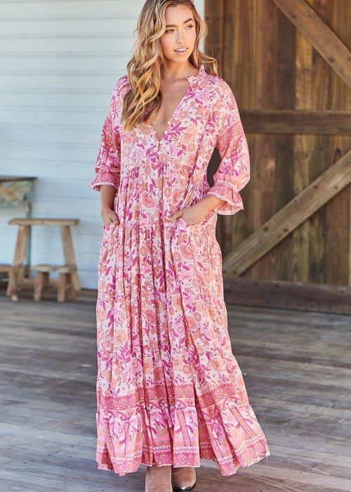 vestido largo rosa flores jaase frontal